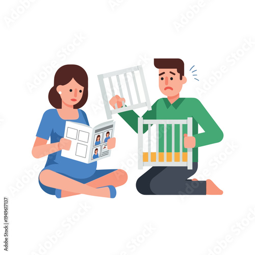 Simple illustration vector of pregnant woman illustration of couple planning and comparing baby cribs and nursery furniture