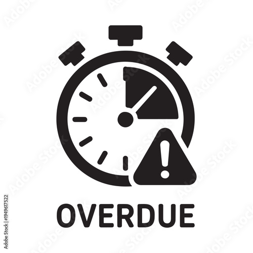 Black and white stopwatch icon with an overdue warning message