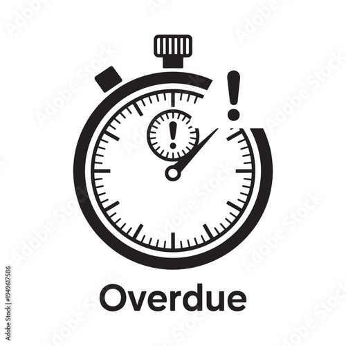 Black and white stopwatch icon with the word overdue below it