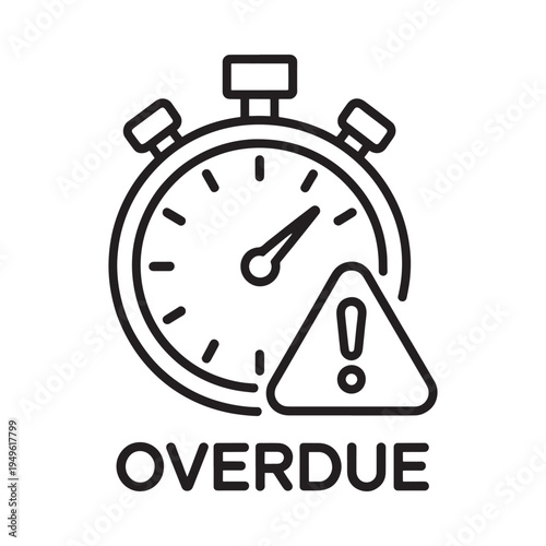 Stopwatch with warning sign and text reading overdue displayed below