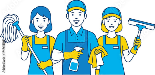Group of Three Cleaners Wearing Blue Uniforms with Cleaning Tools