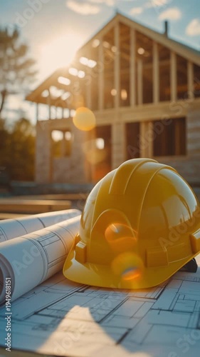 A yellow hard hat and blueprints are placed on a table at a construction site for a new house. Available on 4k quality vertical video.