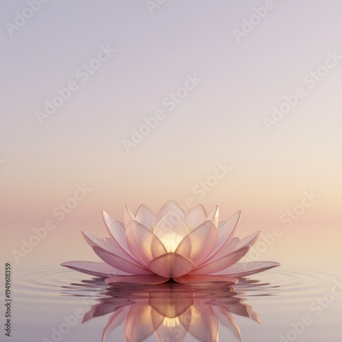 Pink Lotus Flower Floating on Calm Water under Pastel Sky