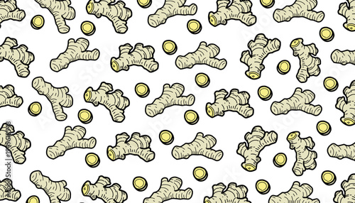 Doodle Ginger Pattern. Ginger Root seamless pattern. Hand Drawn Botanical Rhizome Illustration. Vintage Monochrome Spice Doodle. Repeating Culinary Ingredient Background. 