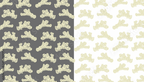 Doodle Ginger Pattern. Ginger Root seamless pattern. Hand Drawn Botanical Rhizome Illustration. Vintage Monochrome Spice Doodle. Repeating Culinary Ingredient Background. 