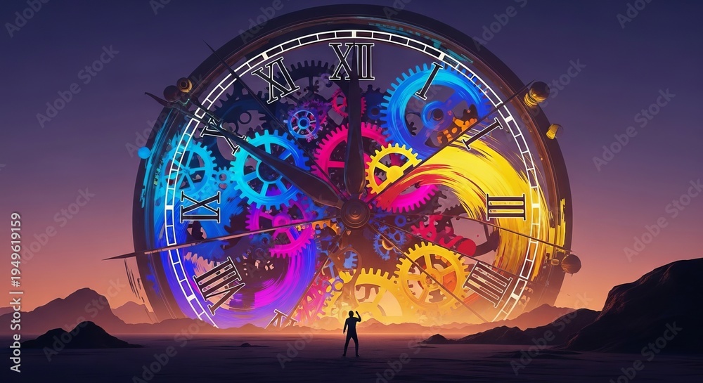 Fototapeta premium An enormous, abstract clock looms over a minimal landscape, dwarfing a minute, agitated form, symbolizing the weight of temporal pressure, stress, desolate, small
