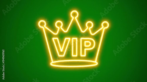 Neon vip crown signs on green background glowing yellow luxury exclusive symbol