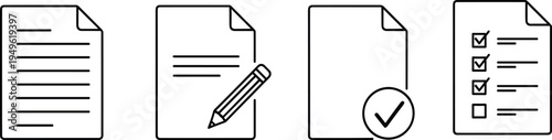 Set of professional document and task list outline icons, featuring file, edit, checkmark, and checklist symbols isolated on a simple clean white background design.