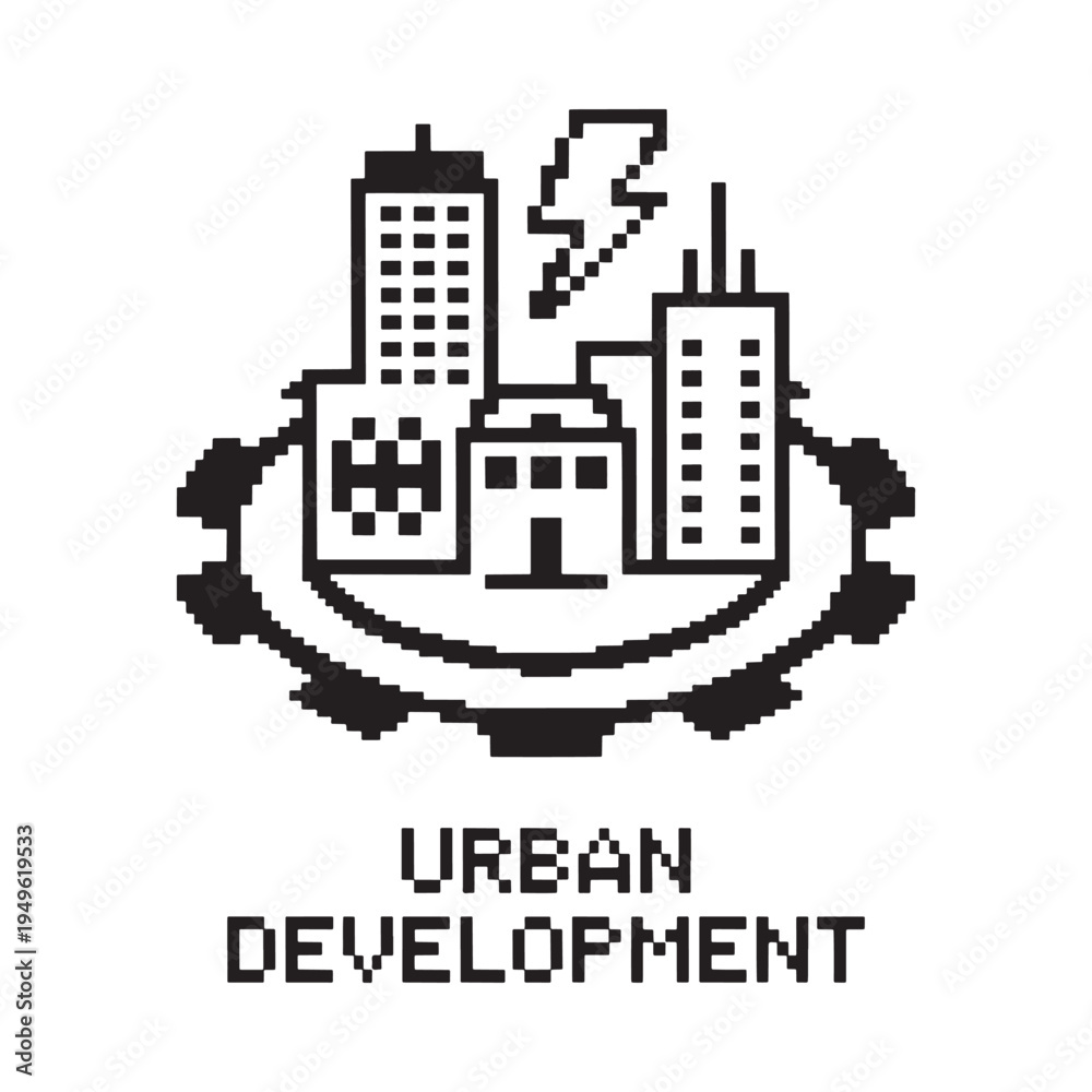 Obraz premium Pixelated cityscape with lightning and gears labeled urban development