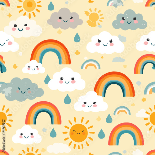 Background vector set pattern: A whimsical illustration of cheerful weather elements, featuring smiling clouds, vibrant rainbows, and a shining sun, perfect for brightening any day!