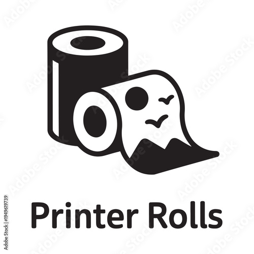 Black and white illustration of toilet paper and printer rolls