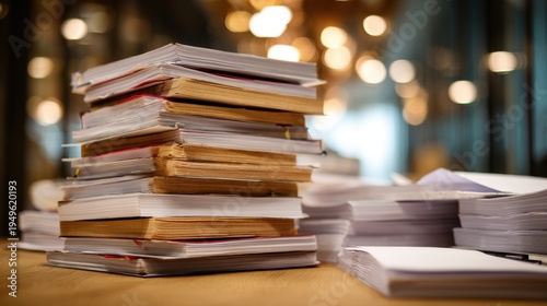 University publishing department preparing academic journals on blurred background