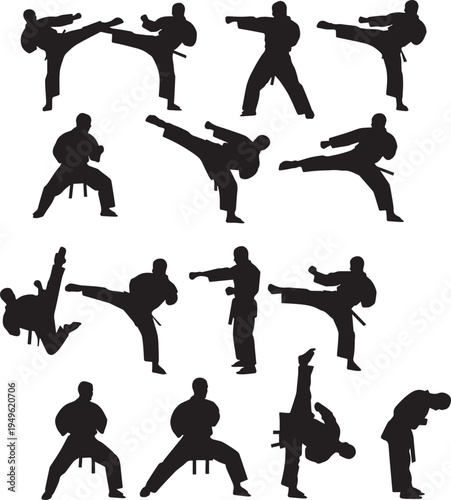 Collection of karate poses and movements in black silhouette