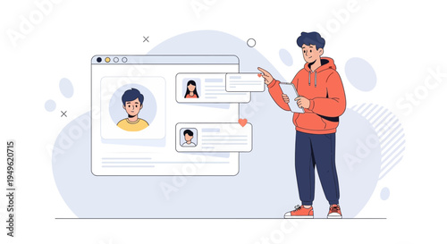 Young man reviewing user profiles on a digital interface, online recruitment concept.