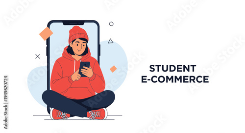 Student E-commerce: Young person using smartphone for online shopping, modern illustration