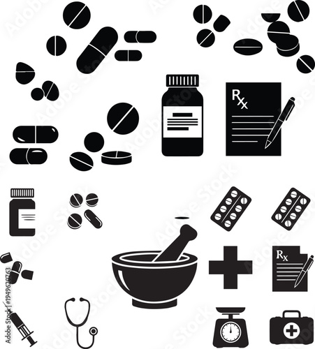 Medical and pharmacy icons in black on white background