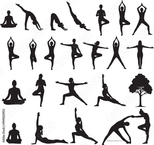 A collection of black silhouette yoga poses