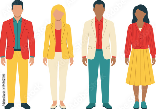 Diverse professional people wearing colorful business casual outfits including blazers and skirts, standing together for corporate team fashion concept