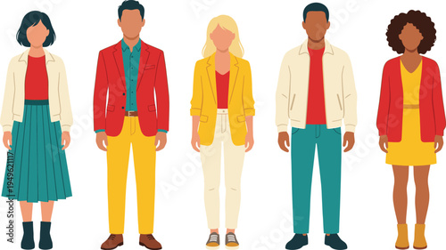 Flat vector illustration of diverse people standing together wearing colorful business casual outfits in red, yellow, and blue