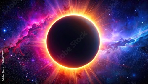 A vibrant solar eclipse occurs in deep space, surrounded by colorful nebulae and stars.