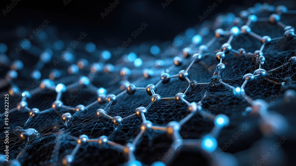 Fototapeta premium Futuristic visualization of a graphene honeycomb molecular structure on a microscopic level, glowing blue carbon atoms, advanced nanotechnology and material science concept