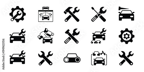 Automotive service repair icon set, editable stroke vector symbols featuring tools gear engine diagnostics garage and maintenance for auto workshop design.