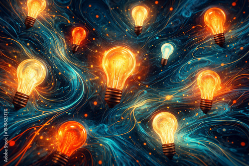 AI generated glowing light bulbs floating in colorful abstract energy flow representing creativity innovation ideas inspiration technology and imaginative thinking concept