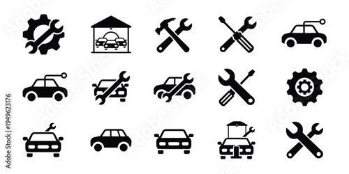 Automotive service icon set, editable stroke vector symbols showing car repair tools, engine diagnostics, gear, garage maintenance icons for workshops