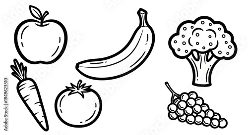 Outline drawings of various fruits and vegetables for healthy eating.