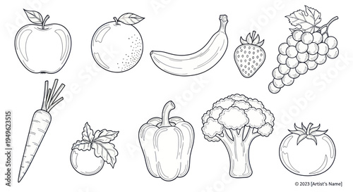 Outline drawings of various fruits and vegetables for coloring activities.