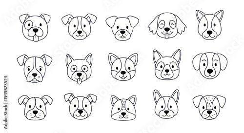 Outline of various dog breeds faces, cute and friendly expressions.
