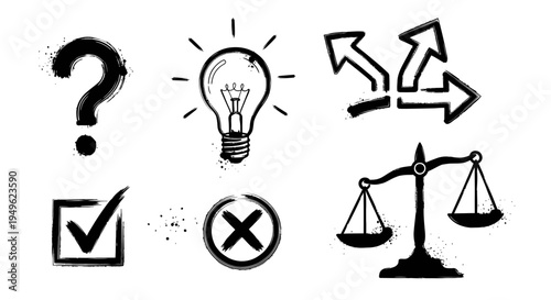 Question mark light bulb arrows check mark cross scales.