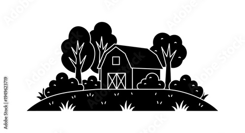 Rustic Barn Silhouette Surrounded by Lush Trees and Bushes.