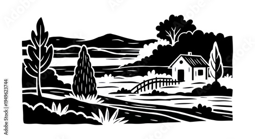 Rustic Cabin by Lake with Bridge and Trees Woodcut Style.