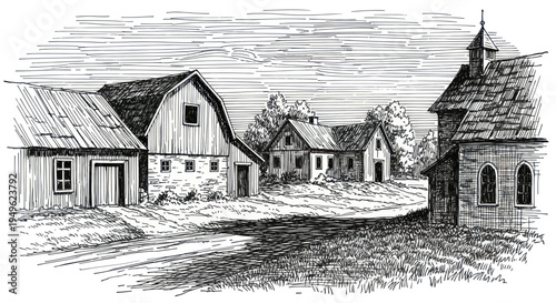 Rural village scene with traditional houses and a small chapel.