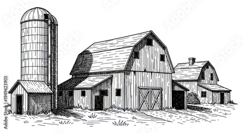 Rustic Farm Buildings and Silo Hand-Drawn Illustration.