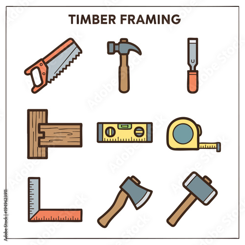 Timber Framing Tools Set With Saw Hammer Chisel Level Tape Measure.