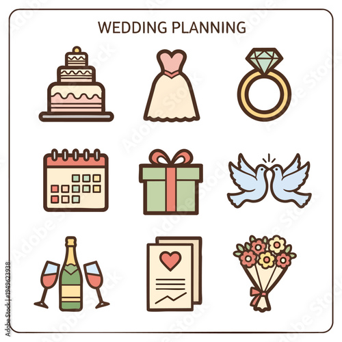 Wedding Planning Icons Collection Showing Cake Dress Ring.