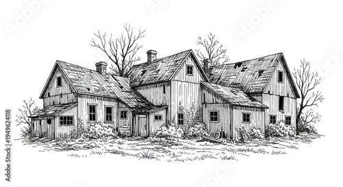 Rustic Farmhouse Drawing with Weathered Wooden Buildings and Bare Trees.