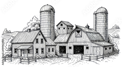 Rustic Farmstead with Barns and Silos Hand-Drawn Illustration.
