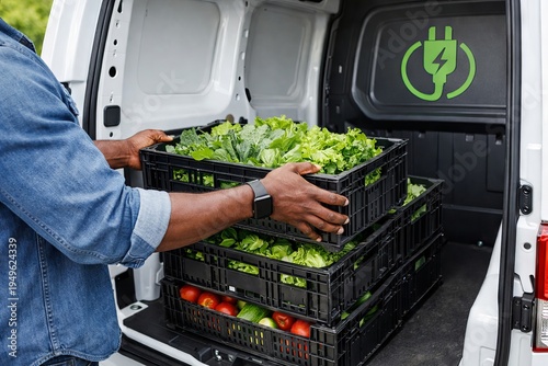Sustainable agriculture concept with fresh produce delivery in eco-friendly vehicle highlighting green technology and environmental responsibility