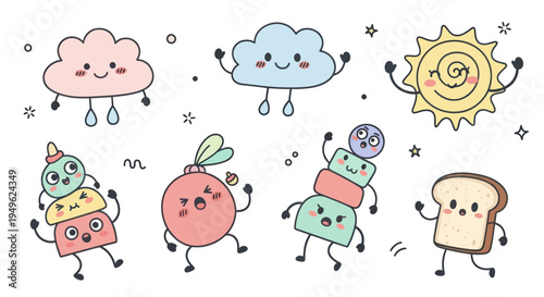 Set of cute cartoon characters dancing and having fun.