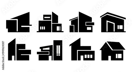 Set of Modern Architectural House Silhouettes in Black and White.