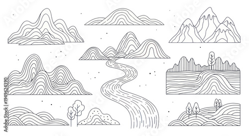 Set of stylized mountain ranges and landscapes in a minimalist line art style.