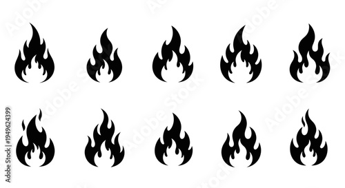 Fotografia Set of ten black fire flame icons isolated on a white background.