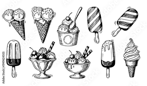 Hand Drawn Ice Cream Sketch Doodle Set with Popsicle Sundae and Cone Desserts for Menu and Card Design