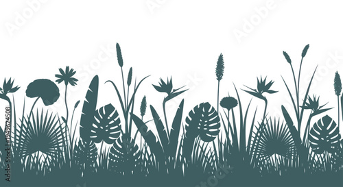 Silhouette of tropical plants and flowers in a seamless pattern.