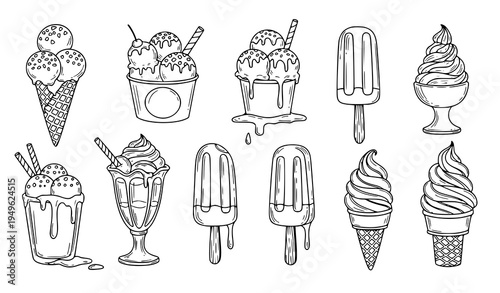 Ice Cream Dessert Doodle Collection with Popsicles Sundae Cups and Waffle Cones Hand Drawn Vector