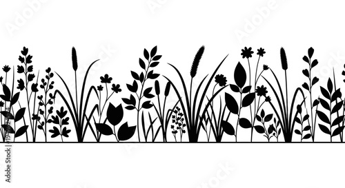 Silhouette of various wild plants and flowers in a seamless border pattern.