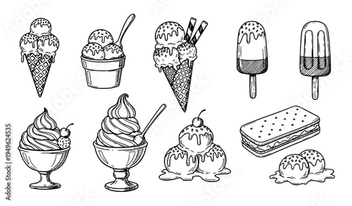 Hand Drawn Ice Cream Doodle Set with Cone Popsicle Sundae and Dessert Sketch Icons for Cafe Menu Design
